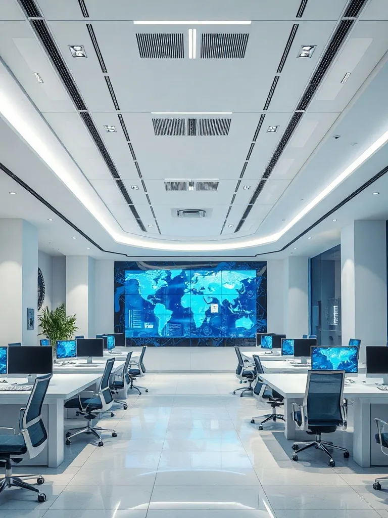 Futuristic office space with holographic displays and clean