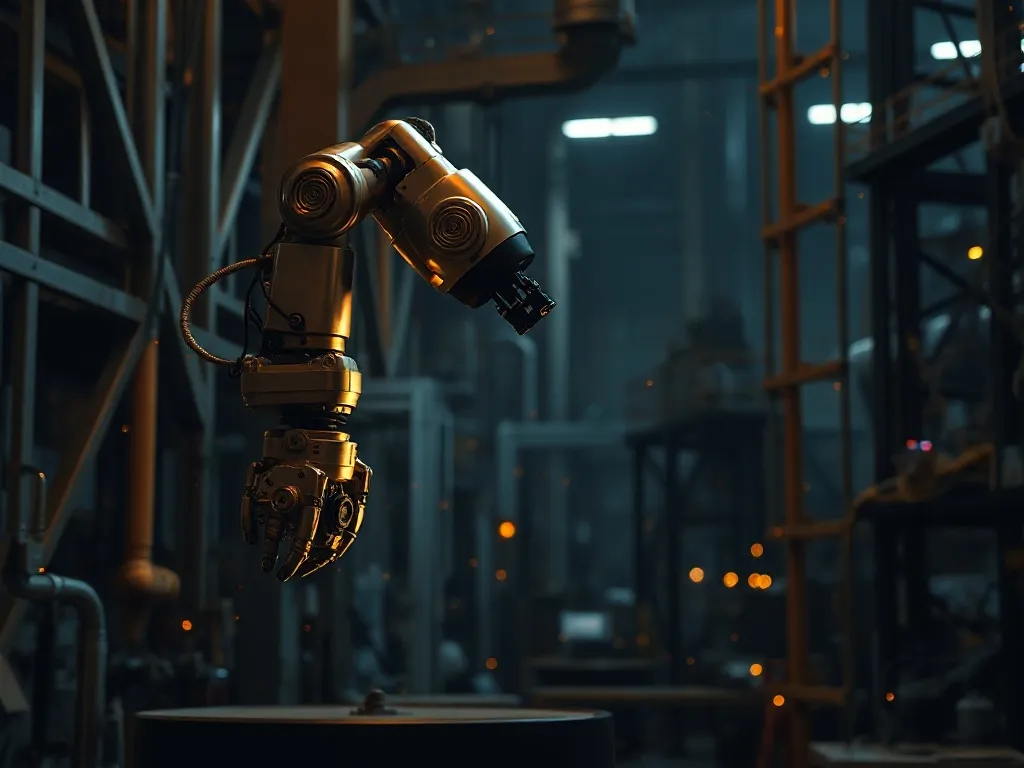 Industrial robotic arm working in a high-tech dark factory w