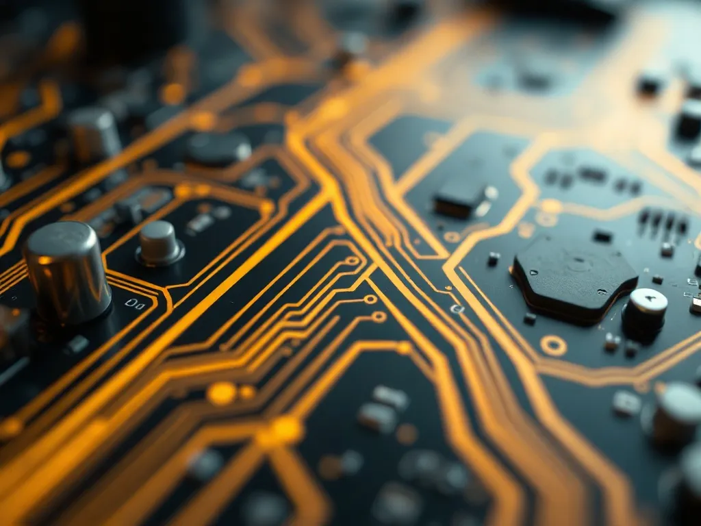 Close up of a circuit board with golden light paths and futu